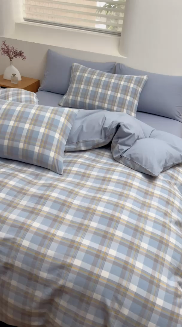 91家纺网 家纺一手货源 找家纺 居美良品 2025新款100%全棉色织水洗棉四件套 静雅-蓝