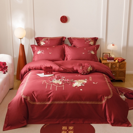 91家纺网 家纺一手货源 找家纺 （总）2025新款婚庆四件套亲肤棉刺绣磨毛婚庆四件套