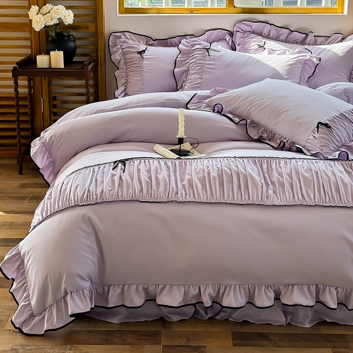 91家纺网 家纺一手货源 找家纺 2025秋冬新款A类母婴级法式风忆棉床裙床笠四件套 琉眠-木槿紫