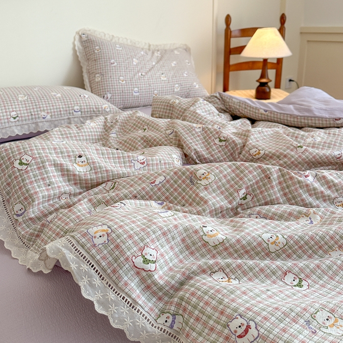 91家纺网 家纺一手货源 找家纺 一霖家纺 2025新款云感双层纱花边款四件套 西高地