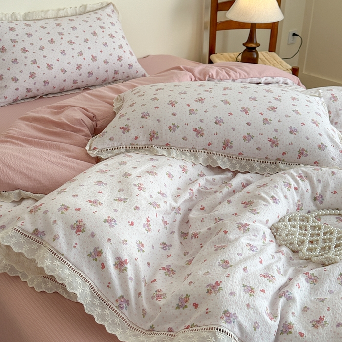 91家纺网 家纺一手货源 找家纺 一霖家纺 2025新款云感双层纱花边款四件套 浪漫花语