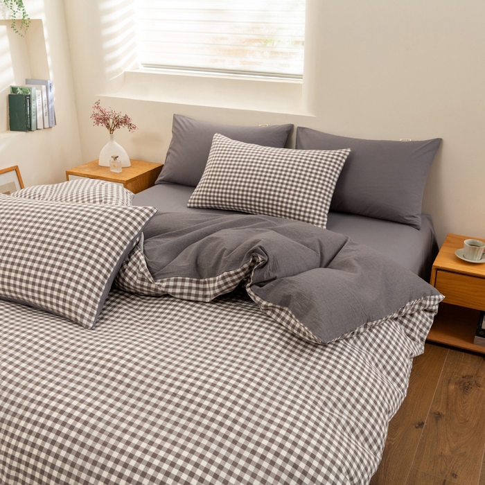 91家纺网 家纺一手货源 找家纺 居美良品 2025新款100%全棉色织水洗棉四件套 灰小格