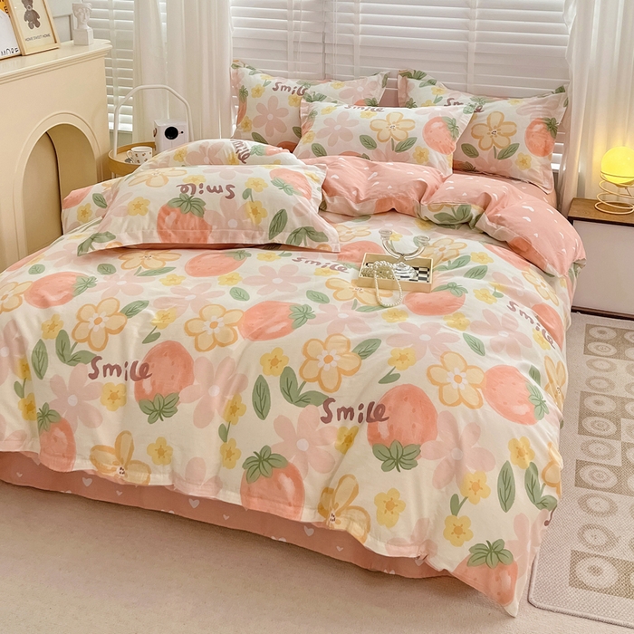 91家纺网 家纺一手货源 找家纺 依庭 2025新款全棉印花花卉款四件套单品系列-四件套 笑脸草莓