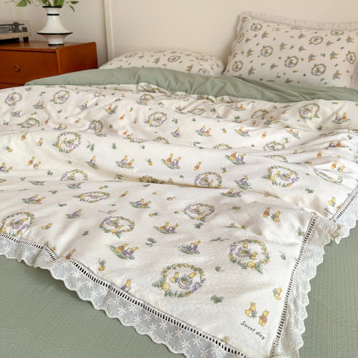 91家纺网 家纺一手货源 找家纺 一霖家纺 2025新款云感双层纱花边款四件套 森林小兔