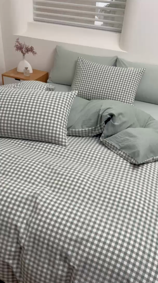 91家纺网 家纺一手货源 找家纺 居美良品 2025新款100%全棉色织水洗棉四件套 绿小格