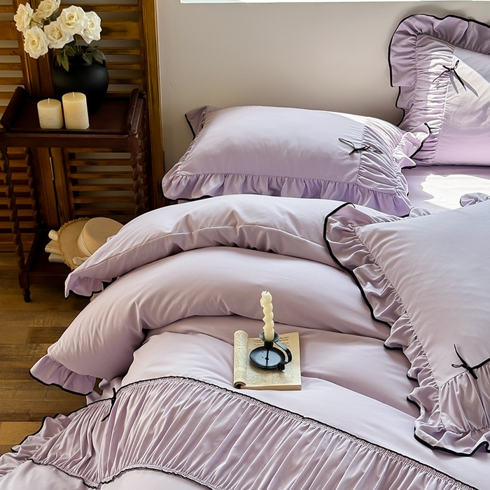 91家纺网 家纺一手货源 找家纺 2025秋冬新款A类母婴级法式风忆棉床裙床笠四件套 琉眠-木槿紫