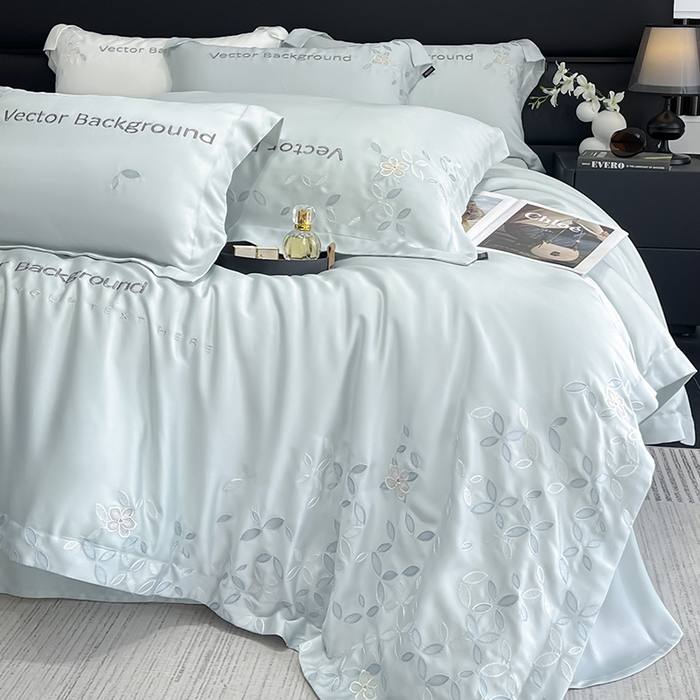 91家纺网 家纺一手货源 找家纺 2025新款床上用品【夏季爆款】A类兰精天丝四件套真丝重工刺绣被套高端轻奢风纯色 唐云-薄荷绿