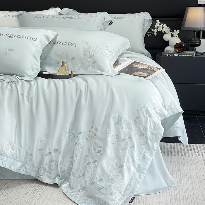 91家纺网 家纺一手货源 找家纺 2025新款床上用品【夏季爆款】A类兰精天丝四件套真丝重工刺绣被套高端轻奢风纯色 唐云-薄荷绿