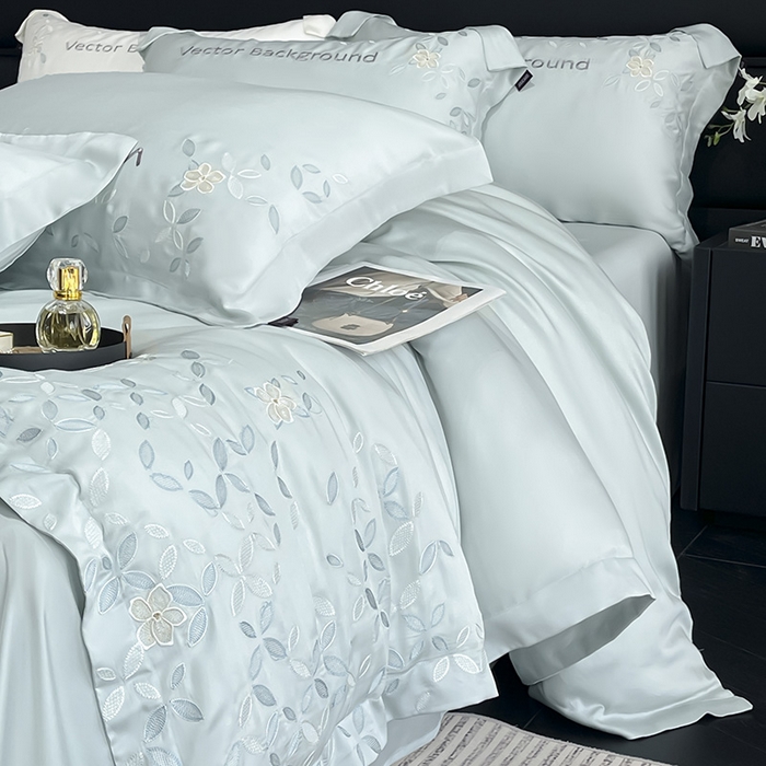 91家纺网 家纺一手货源 找家纺 2025新款床上用品【夏季爆款】A类兰精天丝四件套真丝重工刺绣被套高端轻奢风纯色 唐云-薄荷绿