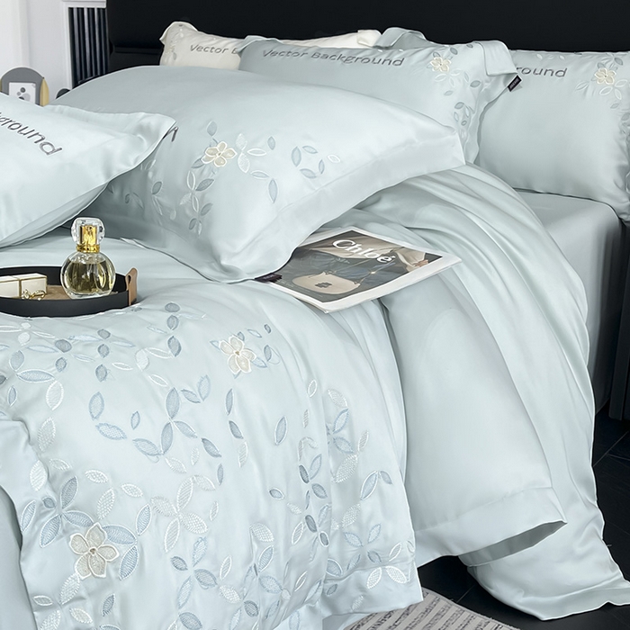 91家纺网 家纺一手货源 找家纺 2025新款床上用品【夏季爆款】A类兰精天丝四件套真丝重工刺绣被套高端轻奢风纯色 唐云-薄荷绿