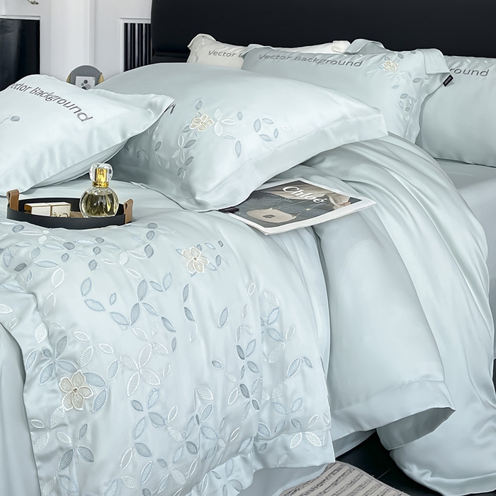 91家纺网 家纺一手货源 找家纺 2025新款床上用品【夏季爆款】A类兰精天丝四件套真丝重工刺绣被套高端轻奢风纯色 唐云-薄荷绿