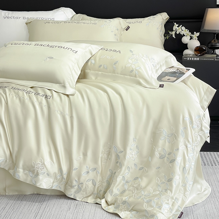 91家纺网 家纺一手货源 找家纺 2025新款床上用品【夏季爆款】A类兰精天丝四件套真丝重工刺绣被套高端轻奢风纯色 唐云-香草杏