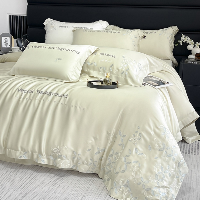 91家纺网 家纺一手货源 找家纺 2025新款床上用品【夏季爆款】A类兰精天丝四件套真丝重工刺绣被套高端轻奢风纯色 唐云-香草杏