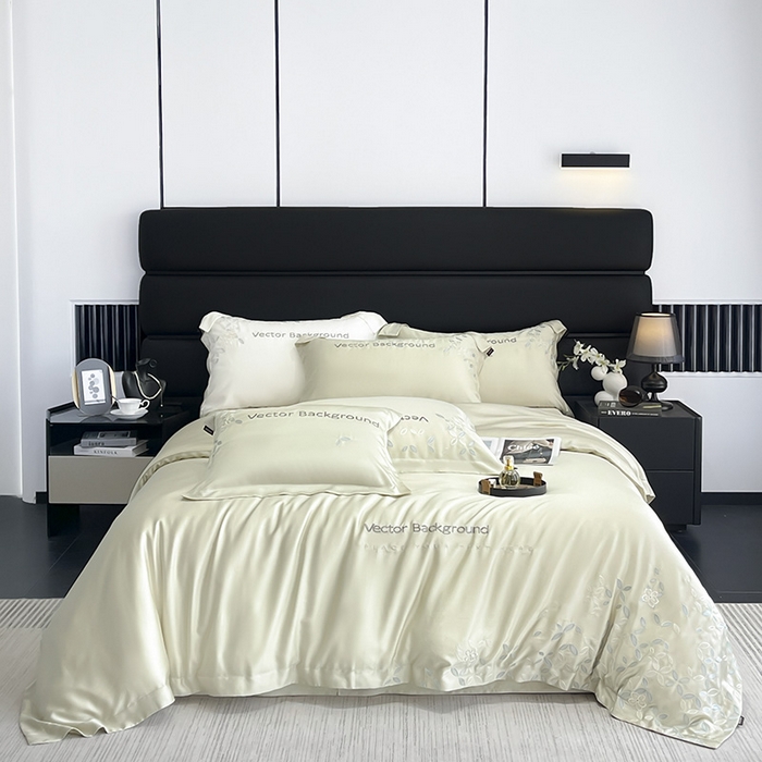 91家纺网 家纺一手货源 找家纺 2025新款床上用品【夏季爆款】A类兰精天丝四件套真丝重工刺绣被套高端轻奢风纯色 唐云-香草杏