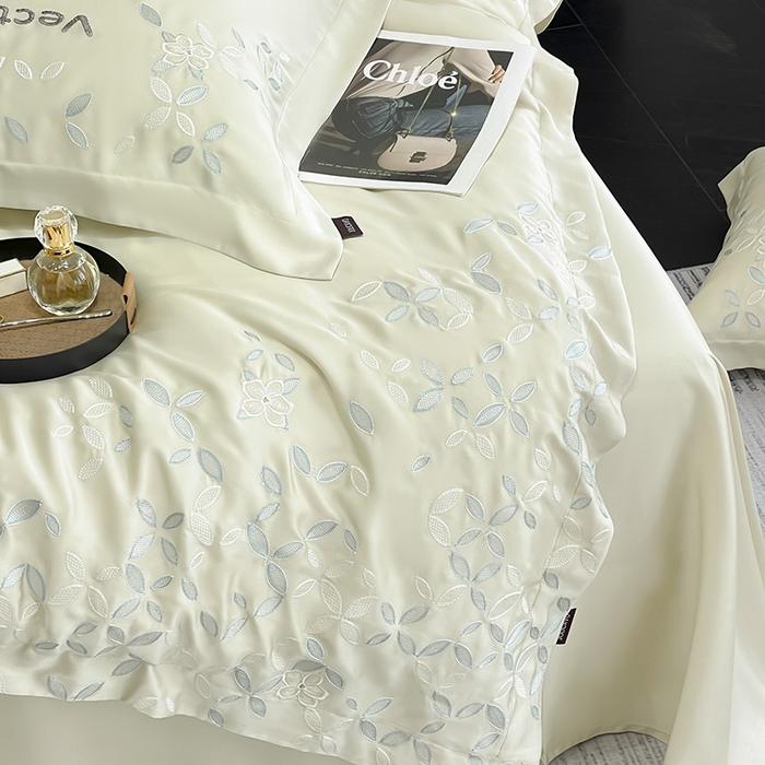 91家纺网 家纺一手货源 找家纺 2025新款床上用品【夏季爆款】A类兰精天丝四件套真丝重工刺绣被套高端轻奢风纯色 唐云-香草杏