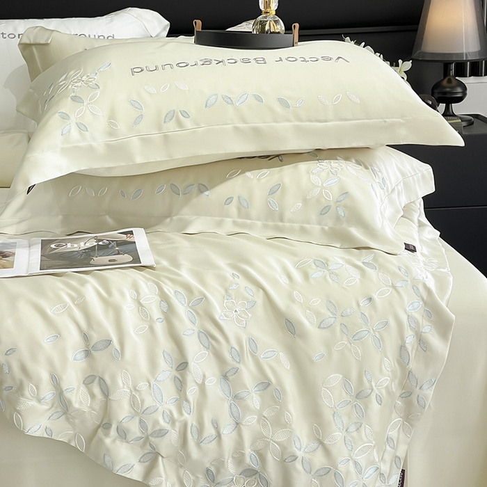 91家纺网 家纺一手货源 找家纺 2025新款床上用品【夏季爆款】A类兰精天丝四件套真丝重工刺绣被套高端轻奢风纯色 唐云-香草杏