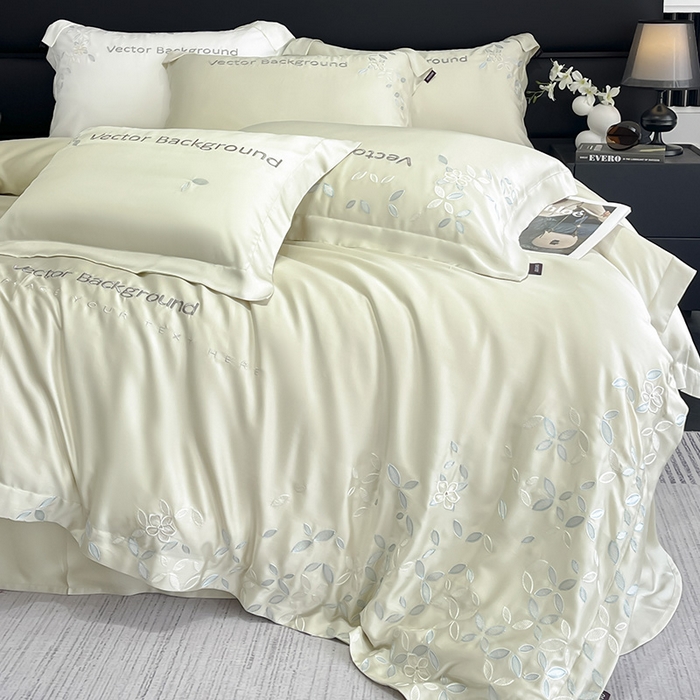 91家纺网 家纺一手货源 找家纺 2025新款床上用品【夏季爆款】A类兰精天丝四件套真丝重工刺绣被套高端轻奢风纯色 唐云-香草杏