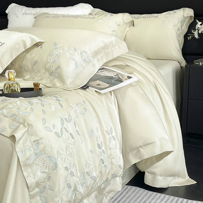 91家纺网 家纺一手货源 找家纺 2025新款床上用品【夏季爆款】A类兰精天丝四件套真丝重工刺绣被套高端轻奢风纯色 唐云-香草杏