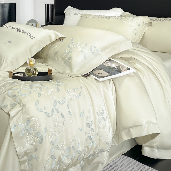 91家纺网 家纺一手货源 找家纺 2025新款床上用品【夏季爆款】A类兰精天丝四件套真丝重工刺绣被套高端轻奢风纯色 唐云-香草杏