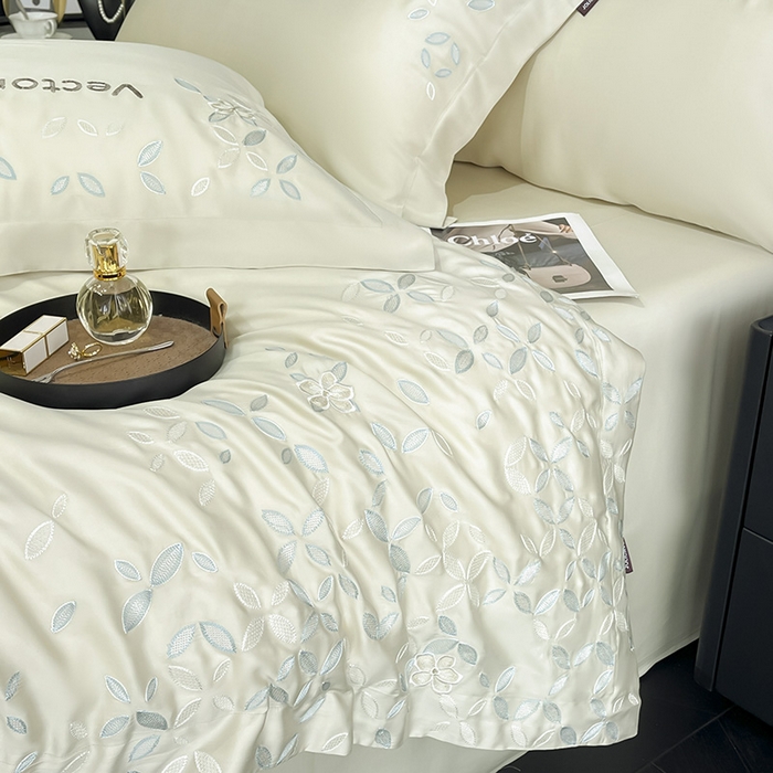 91家纺网 家纺一手货源 找家纺 2025新款床上用品【夏季爆款】A类兰精天丝四件套真丝重工刺绣被套高端轻奢风纯色 唐云-香草杏