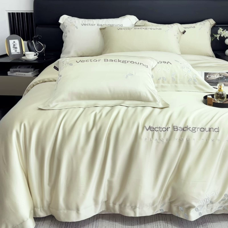 91家纺网 家纺一手货源 找家纺 2025新款床上用品【夏季爆款】A类兰精天丝四件套真丝重工刺绣被套高端轻奢风纯色 唐云-香草杏