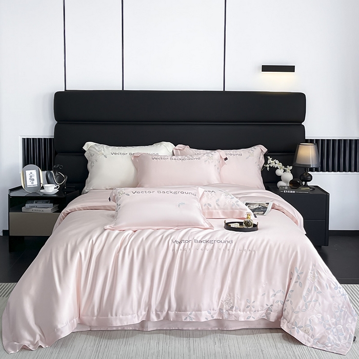 91家纺网 家纺一手货源 找家纺 2025新款床上用品【夏季爆款】A类兰精天丝四件套真丝重工刺绣被套高端轻奢风纯色 唐云-樱花粉