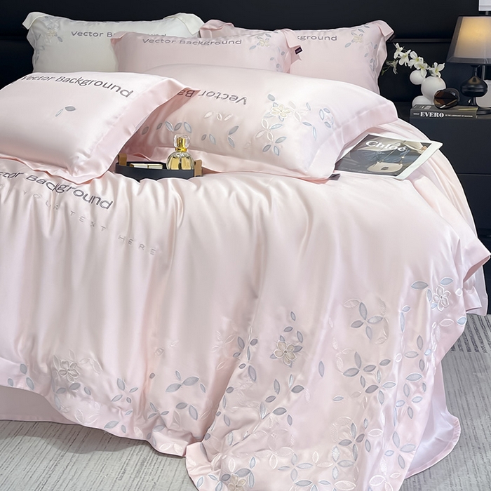 91家纺网 家纺一手货源 找家纺 2025新款床上用品【夏季爆款】A类兰精天丝四件套真丝重工刺绣被套高端轻奢风纯色 唐云-樱花粉