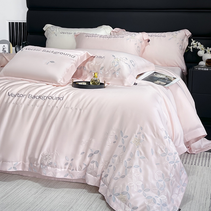 91家纺网 家纺一手货源 找家纺 2025新款床上用品【夏季爆款】A类兰精天丝四件套真丝重工刺绣被套高端轻奢风纯色 唐云-樱花粉