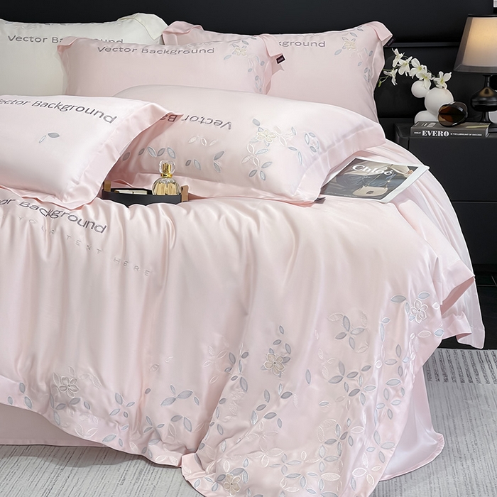 91家纺网 家纺一手货源 找家纺 2025新款床上用品【夏季爆款】A类兰精天丝四件套真丝重工刺绣被套高端轻奢风纯色 唐云-樱花粉