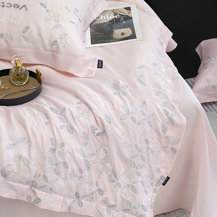 91家纺网 家纺一手货源 找家纺 2025新款床上用品【夏季爆款】A类兰精天丝四件套真丝重工刺绣被套高端轻奢风纯色 唐云-樱花粉