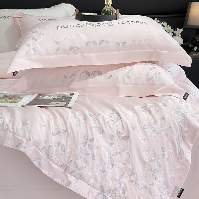 91家纺网 家纺一手货源 找家纺 2025新款床上用品【夏季爆款】A类兰精天丝四件套真丝重工刺绣被套高端轻奢风纯色 唐云-樱花粉