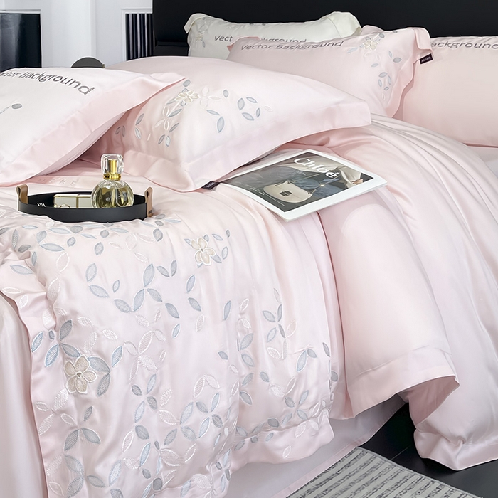 91家纺网 家纺一手货源 找家纺 2025新款床上用品【夏季爆款】A类兰精天丝四件套真丝重工刺绣被套高端轻奢风纯色 唐云-樱花粉