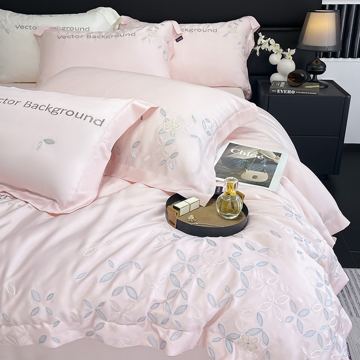 91家纺网 家纺一手货源 找家纺 2025新款床上用品【夏季爆款】A类兰精天丝四件套真丝重工刺绣被套高端轻奢风纯色 唐云-樱花粉