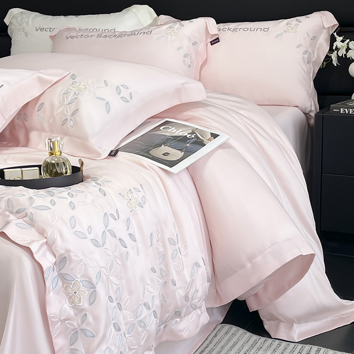 91家纺网 家纺一手货源 找家纺 2025新款床上用品【夏季爆款】A类兰精天丝四件套真丝重工刺绣被套高端轻奢风纯色 唐云-樱花粉