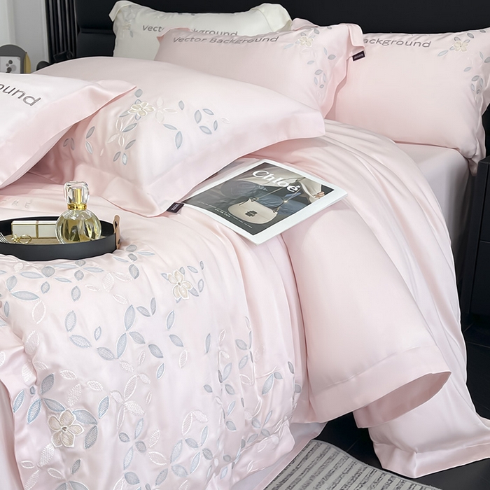 91家纺网 家纺一手货源 找家纺 2025新款床上用品【夏季爆款】A类兰精天丝四件套真丝重工刺绣被套高端轻奢风纯色 唐云-樱花粉