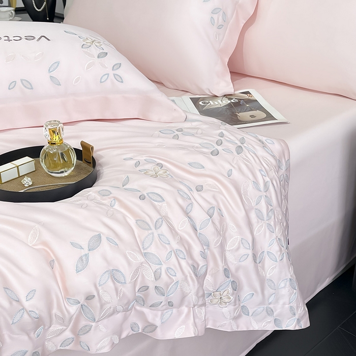 91家纺网 家纺一手货源 找家纺 2025新款床上用品【夏季爆款】A类兰精天丝四件套真丝重工刺绣被套高端轻奢风纯色 唐云-樱花粉