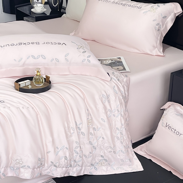 91家纺网 家纺一手货源 找家纺 2025新款床上用品【夏季爆款】A类兰精天丝四件套真丝重工刺绣被套高端轻奢风纯色 唐云-樱花粉