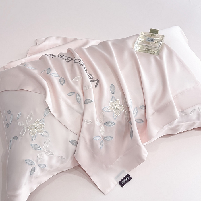 91家纺网 家纺一手货源 找家纺 2025新款床上用品【夏季爆款】A类兰精天丝四件套真丝重工刺绣被套高端轻奢风纯色 唐云-樱花粉