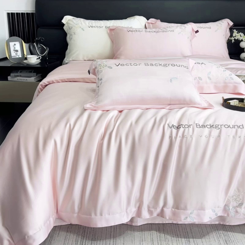 91家纺网 家纺一手货源 找家纺 2025新款床上用品【夏季爆款】A类兰精天丝四件套真丝重工刺绣被套高端轻奢风纯色 唐云-樱花粉