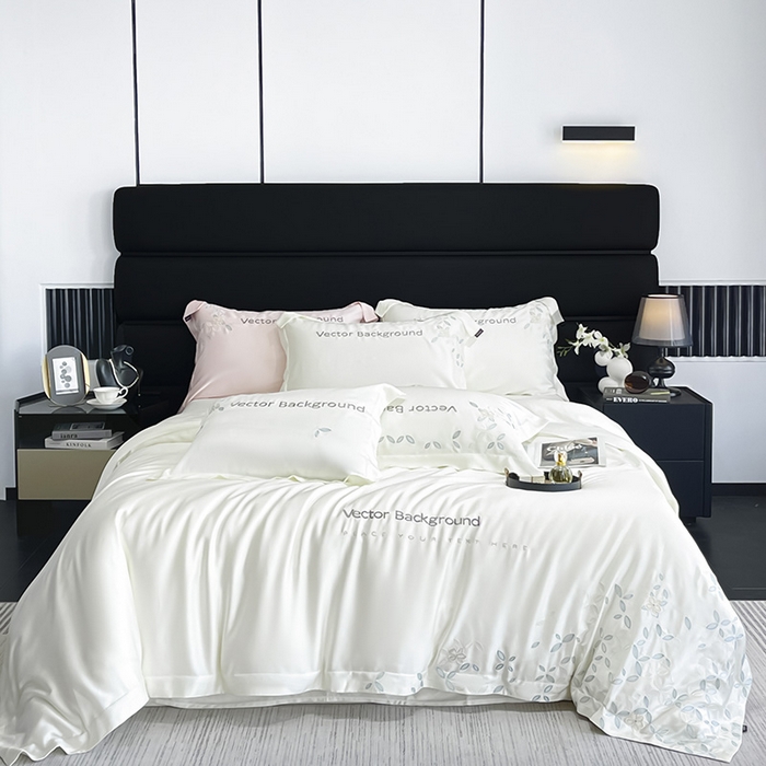 91家纺网 家纺一手货源 找家纺 2025新款床上用品【夏季爆款】A类兰精天丝四件套真丝重工刺绣被套高端轻奢风纯色 唐云-月光白