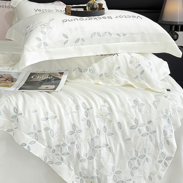 91家纺网 家纺一手货源 找家纺 2025新款床上用品【夏季爆款】A类兰精天丝四件套真丝重工刺绣被套高端轻奢风纯色 唐云-月光白