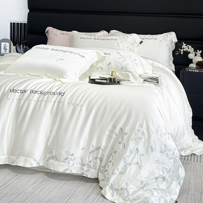 91家纺网 家纺一手货源 找家纺 2025新款床上用品【夏季爆款】A类兰精天丝四件套真丝重工刺绣被套高端轻奢风纯色 唐云-月光白