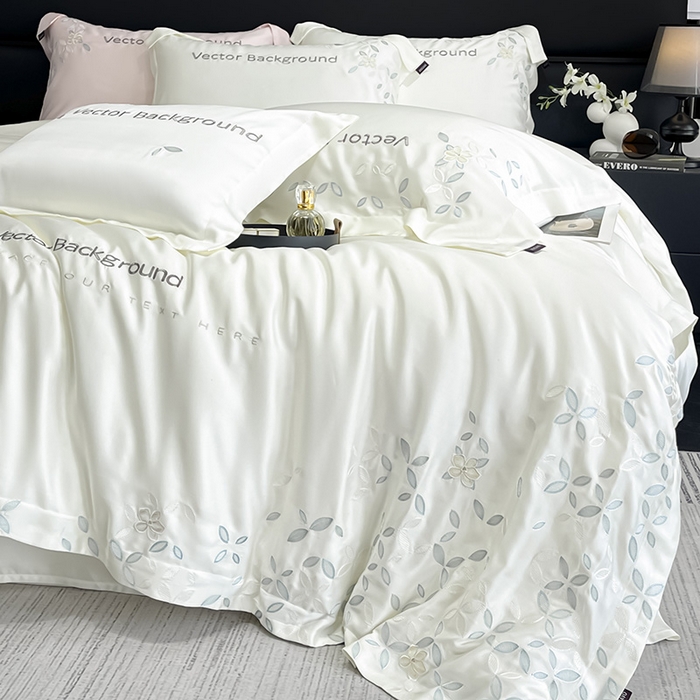 91家纺网 家纺一手货源 找家纺 2025新款床上用品【夏季爆款】A类兰精天丝四件套真丝重工刺绣被套高端轻奢风纯色 唐云-月光白