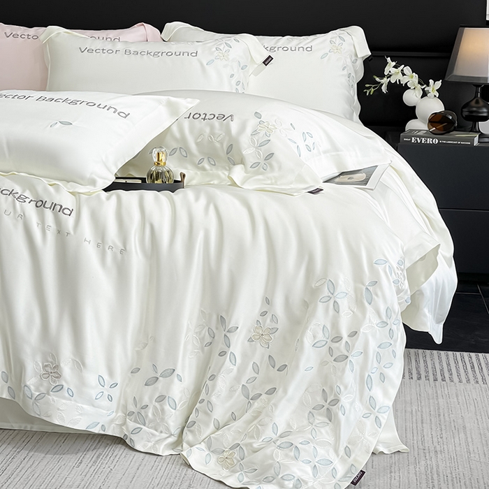 91家纺网 家纺一手货源 找家纺 2025新款床上用品【夏季爆款】A类兰精天丝四件套真丝重工刺绣被套高端轻奢风纯色 唐云-月光白