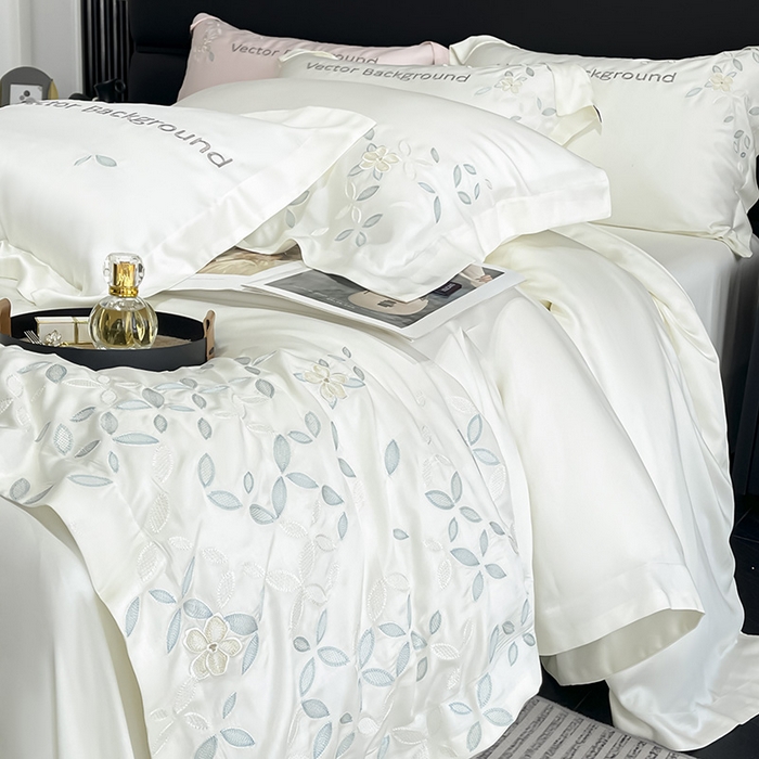 91家纺网 家纺一手货源 找家纺 2025新款床上用品【夏季爆款】A类兰精天丝四件套真丝重工刺绣被套高端轻奢风纯色 唐云-月光白