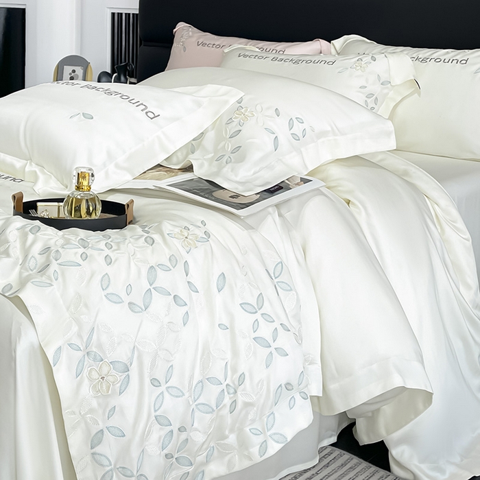 91家纺网 家纺一手货源 找家纺 2025新款床上用品【夏季爆款】A类兰精天丝四件套真丝重工刺绣被套高端轻奢风纯色 唐云-月光白