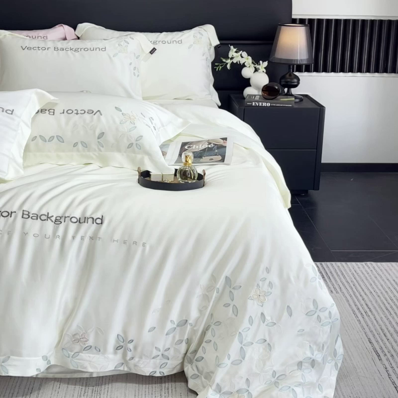 91家纺网 家纺一手货源 找家纺 2025新款床上用品【夏季爆款】A类兰精天丝四件套真丝重工刺绣被套高端轻奢风纯色 唐云-月光白