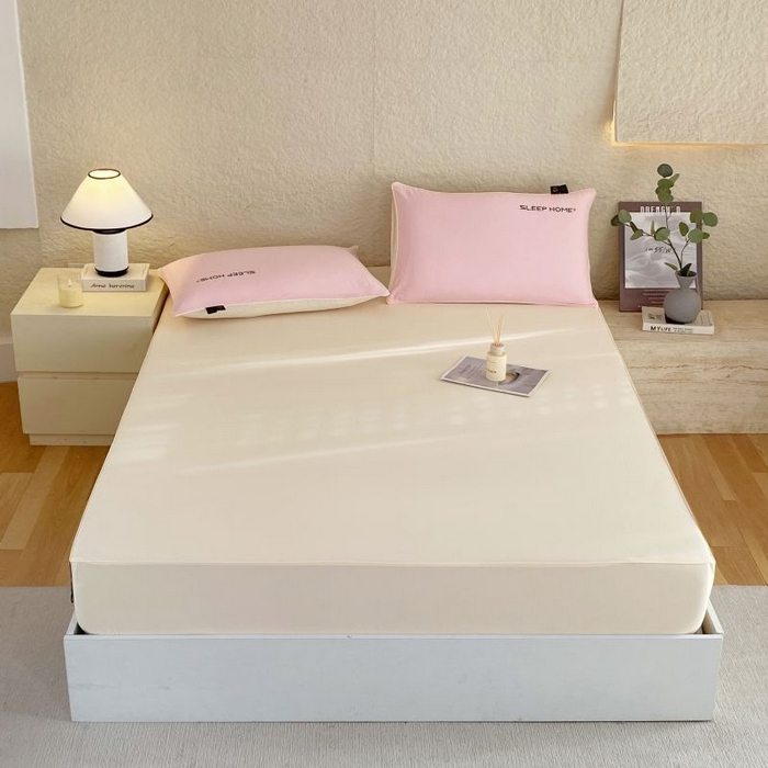 91家纺网 家纺一手货源 找家纺 恋之语 2025新款纯色亲肤舒适麻绳款床笠 米黄粉