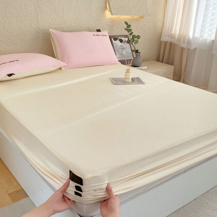 91家纺网 家纺一手货源 找家纺 恋之语 2025新款纯色亲肤舒适麻绳款床笠 米黄粉