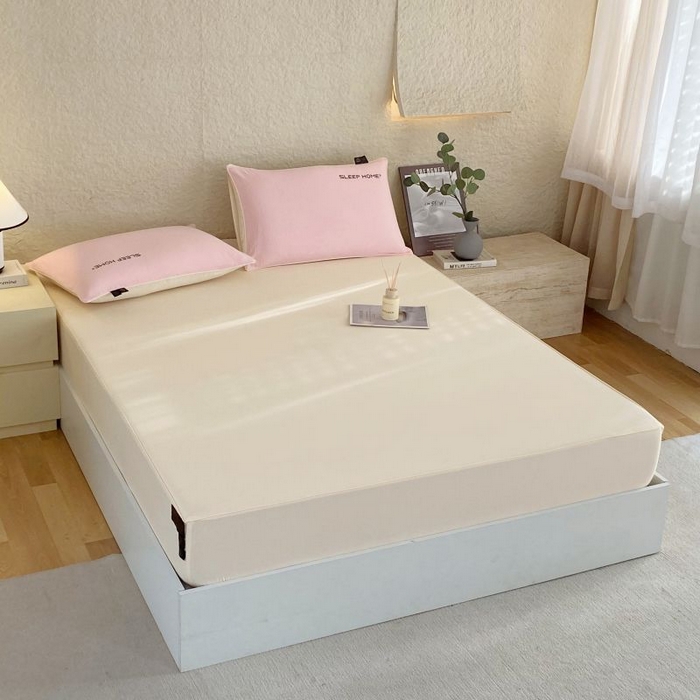 91家纺网 家纺一手货源 找家纺 恋之语 2025新款纯色亲肤舒适麻绳款床笠 米黄粉